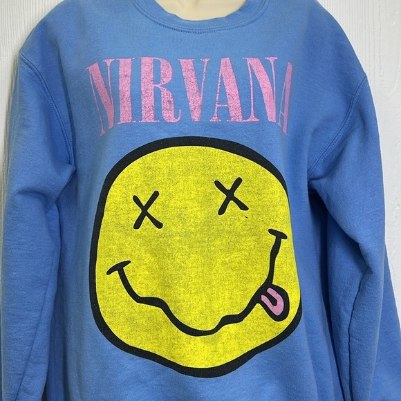 Gildan - Light Blue Nirvana Smiley Face Bright Graphic Crewneck Sweatshirt M - Picture 3 of 8